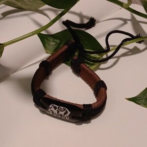Leather Bracelet with Mock Bone Carved Elephant